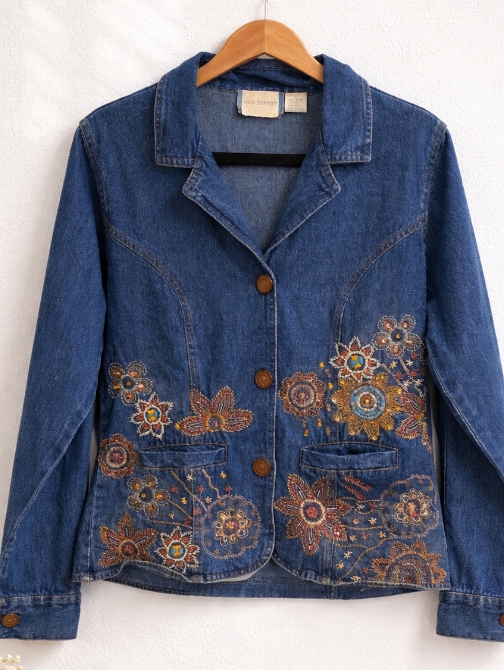 Vintage Blue Denim Floral Fitted Western Boho Jacket Size L